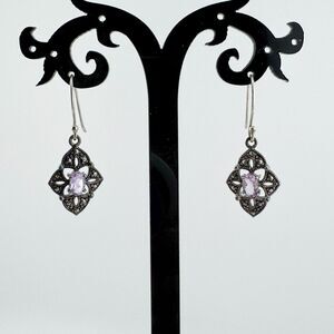 Vintage 925 Sterling Silver Marcasite Amethyst Color Drop Earrings SLC Thailand
